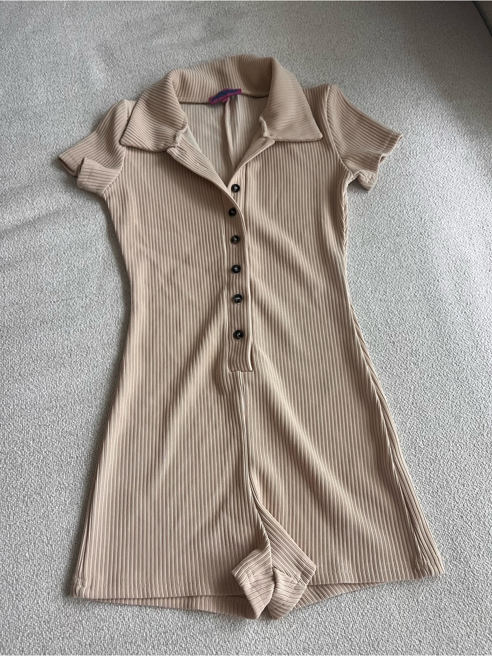 Edikted Beige Ribbed Polo Button-Front Romper